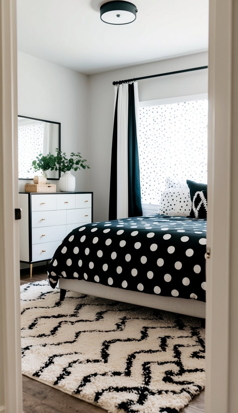 A cozy bedroom with contrasting black and white polka dot bedding, a sleek modern dresser, and a patterned rug