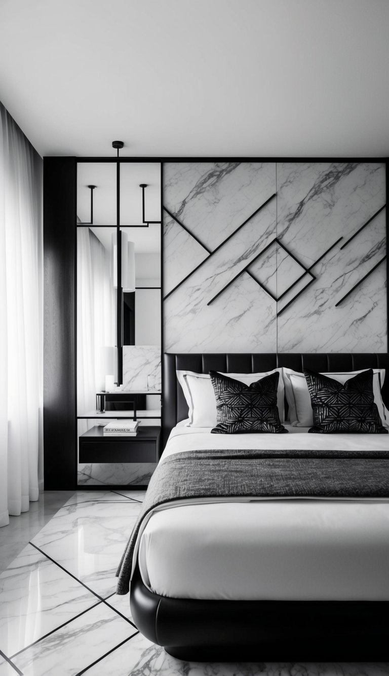 A monochrome bedroom with marble accents, featuring sleek furniture and geometric patterns