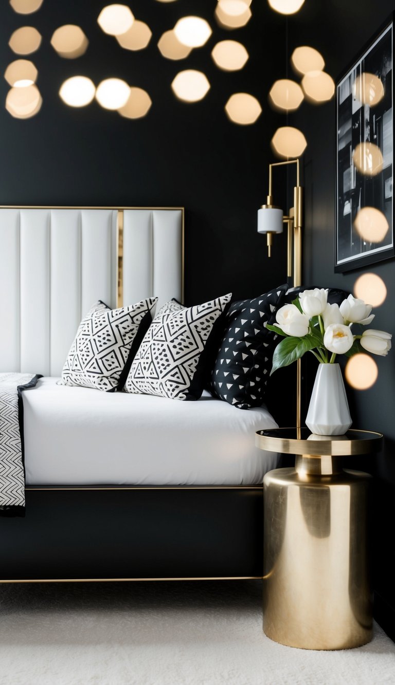 A black and white bedroom with gold details: a sleek bed with gold accents, geometric patterned pillows, and a metallic nightstand with a vase of white flowers