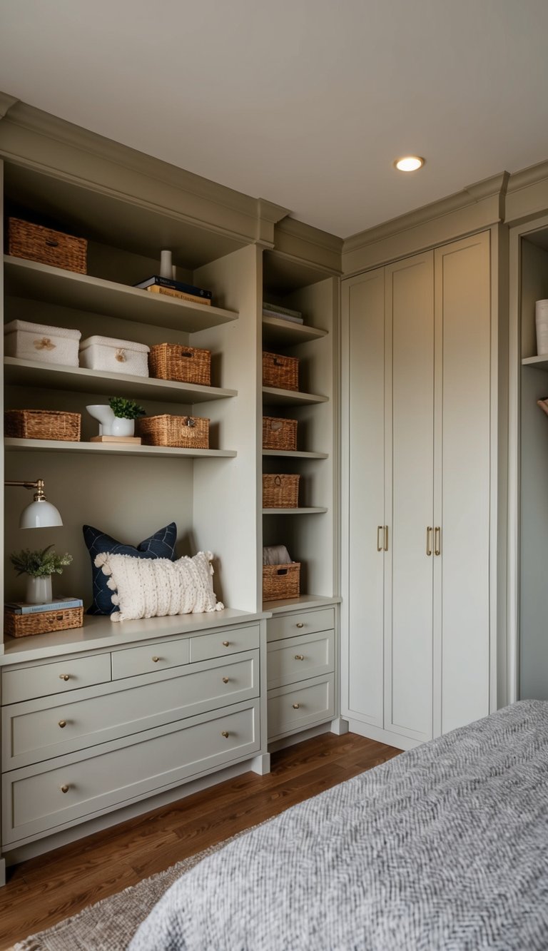 A cozy bedroom with built-in storage solutions including shelves, drawers, and cabinets