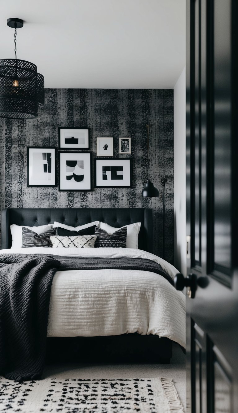 A cozy bedroom with a monochrome color palette, featuring a mix of textures and patterns in shades of black, white, and gray