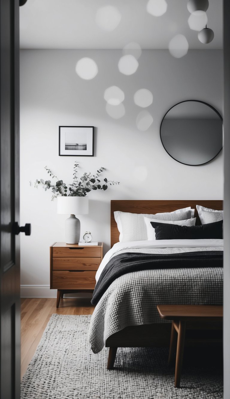 A monochrome bedroom with wooden furniture and decor, featuring a simple and elegant design