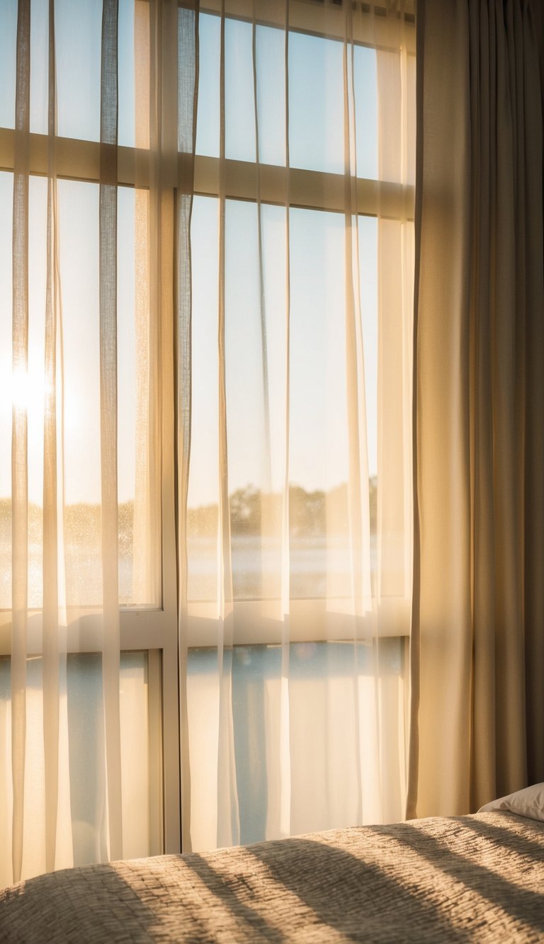 Sunlight filters through sheer curtains, casting a soft glow on a cozy bedroom