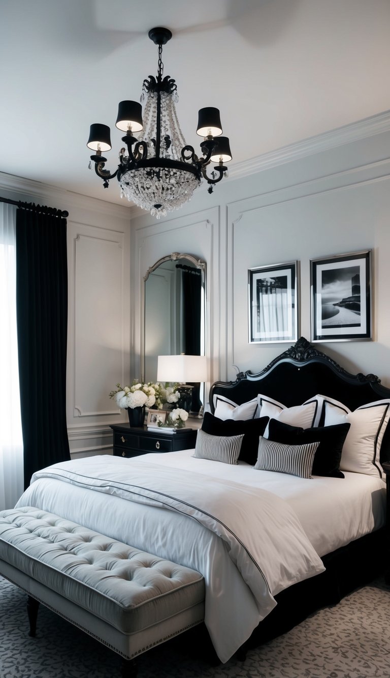 A luxurious bedroom with black and white decor, featuring elegant furniture, soft lighting, and plush bedding