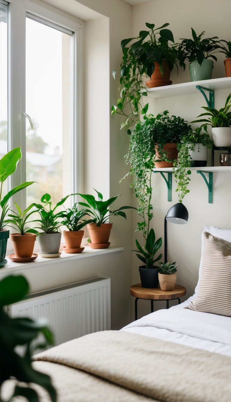 A cozy bedroom with various houseplants placed on shelves, windowsills, and bedside tables. The greenery adds a touch of nature to the room's decor