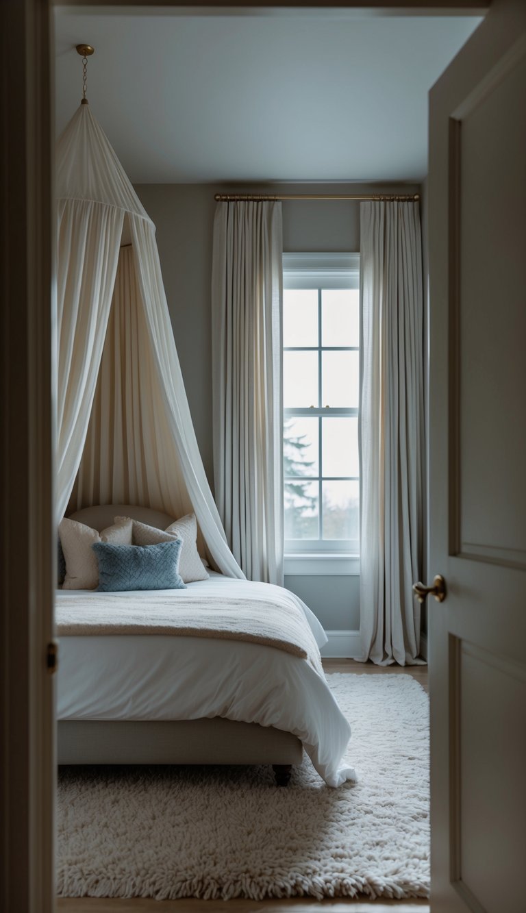 A cozy bedroom with a canopy bed, soft curtains, and a plush rug. Moonlight streams in through the window, casting shadows on the walls