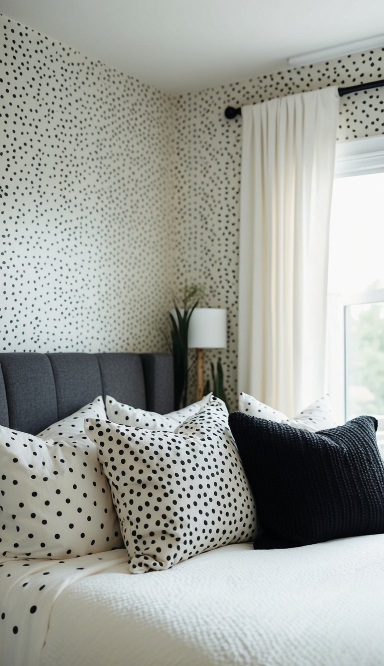 A cozy bedroom with airy polka dot wallpaper, black and white decor, and soft lighting