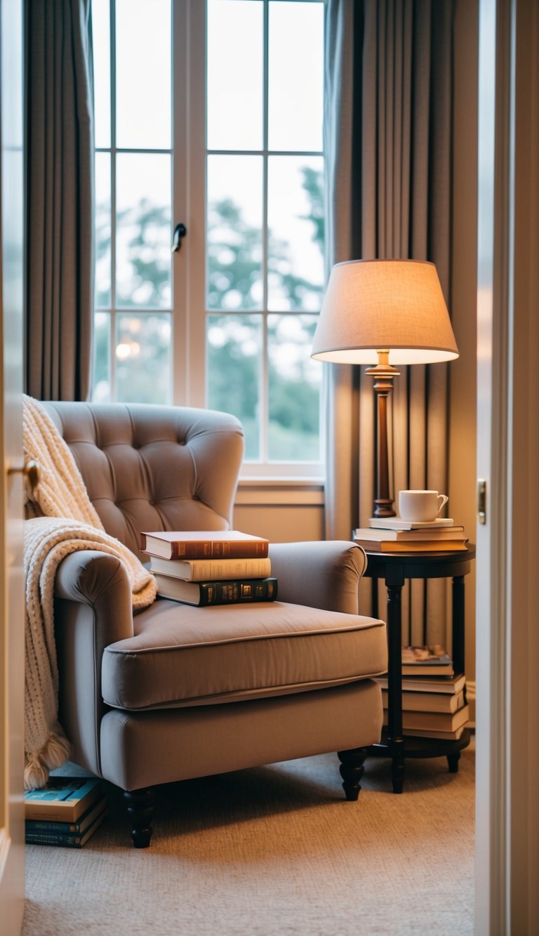 A plush armchair sits by a window, adorned with soft blankets and a stack of books. A warm lamp and a small side table complete the cozy reading nook