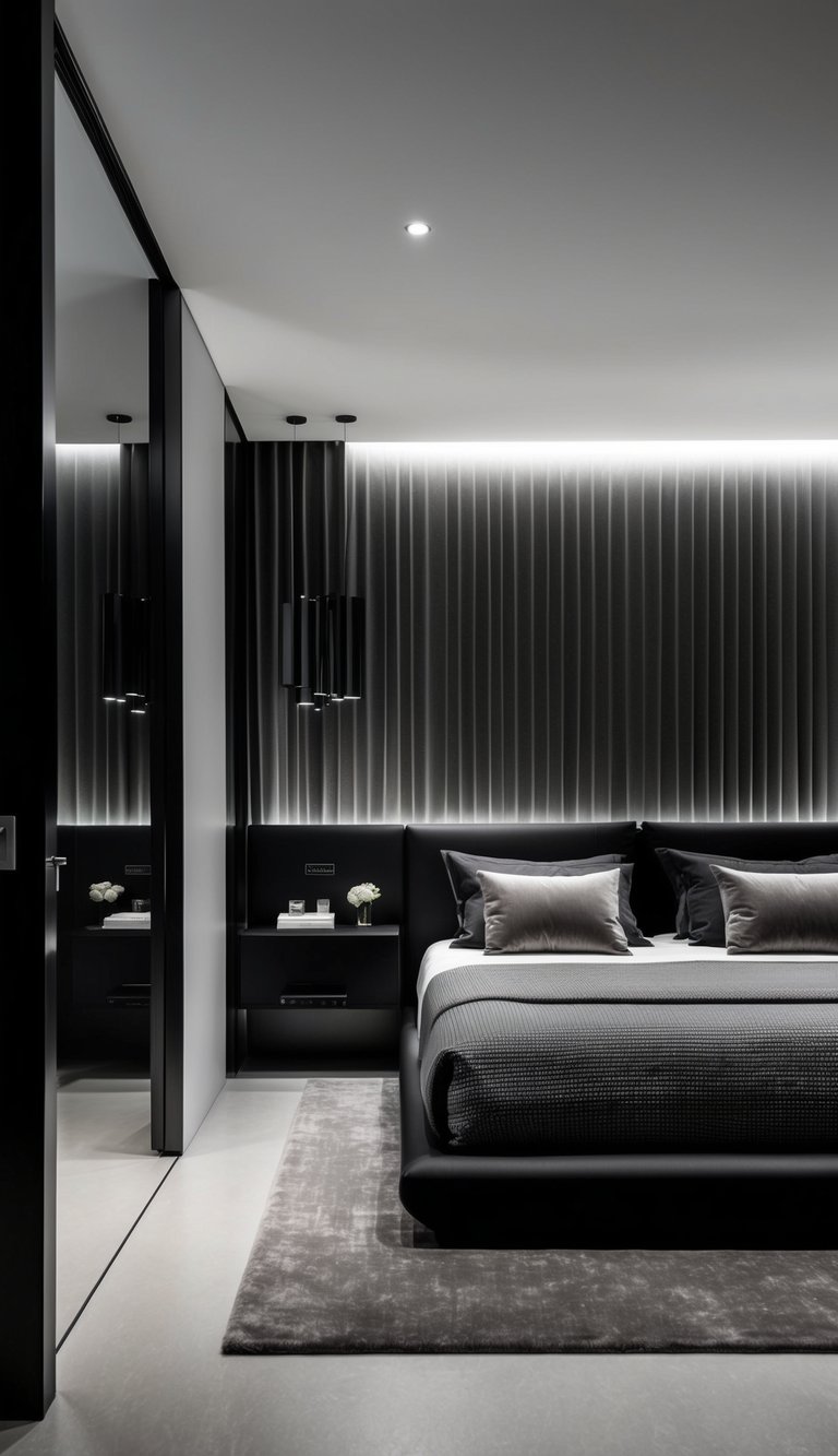 A sleek, monochromatic bedroom with clean lines, luxurious textures, and minimalistic decor exuding sophisticated elegance