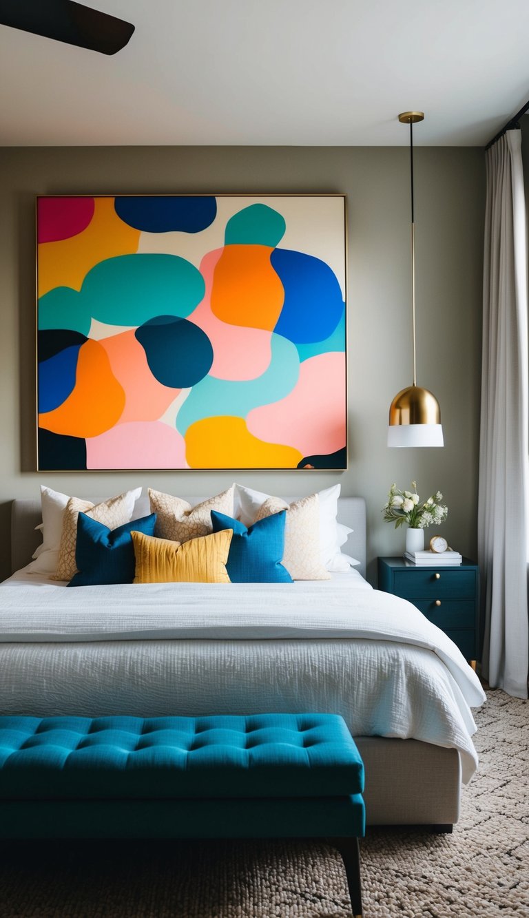 A bedroom with a large, colorful abstract painting hanging above the bed, adding a bold and dramatic focal point to the room