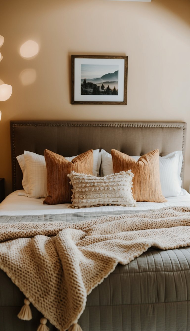 A cozy bedroom with a bed adorned with textured throws, soft lighting, and warm color scheme