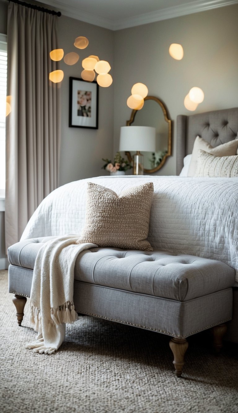 A cozy upholstered bench sits at the foot of a bed, adorned with plush pillows and a soft throw blanket