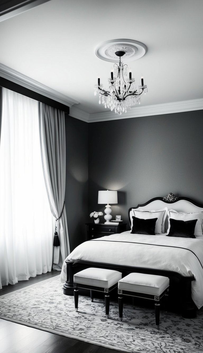 A classic black and white bedroom with elegant furniture, minimal decor, and soft lighting