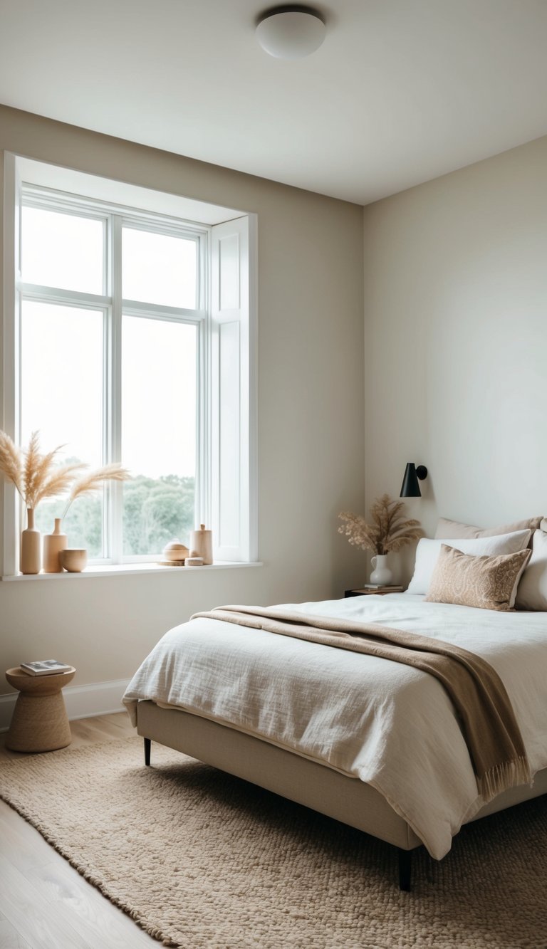 A serene bedroom with clean lines, neutral colors, and simple furnishings. A large window lets in natural light, and a few carefully chosen decorative items add warmth to the space