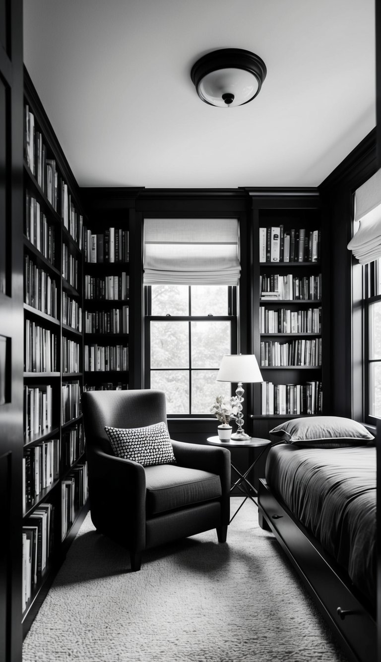 A cozy reading nook in a black and white bedroom, with a comfortable armchair, a small side table with a lamp, and a bookshelf filled with books