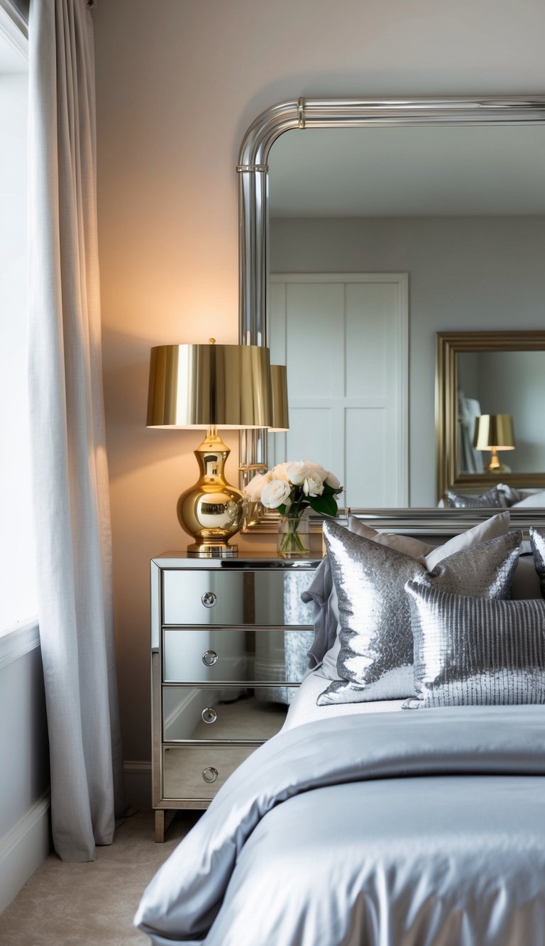 A cozy bedroom with metallic accents: silver throw pillows, gold bedside lamps, and a chrome-framed mirror above the dresser