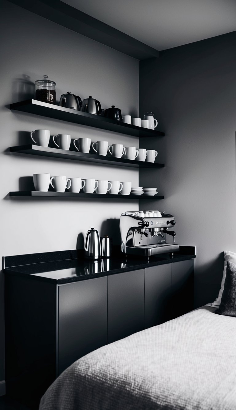 A cozy coffee bar nestled in a monochrome bedroom, with sleek countertops, shelves of mugs, and a vintage espresso machine