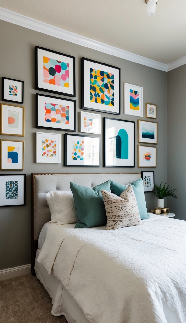 A bedroom with a gallery wall featuring 21 different art pieces in various sizes and frames