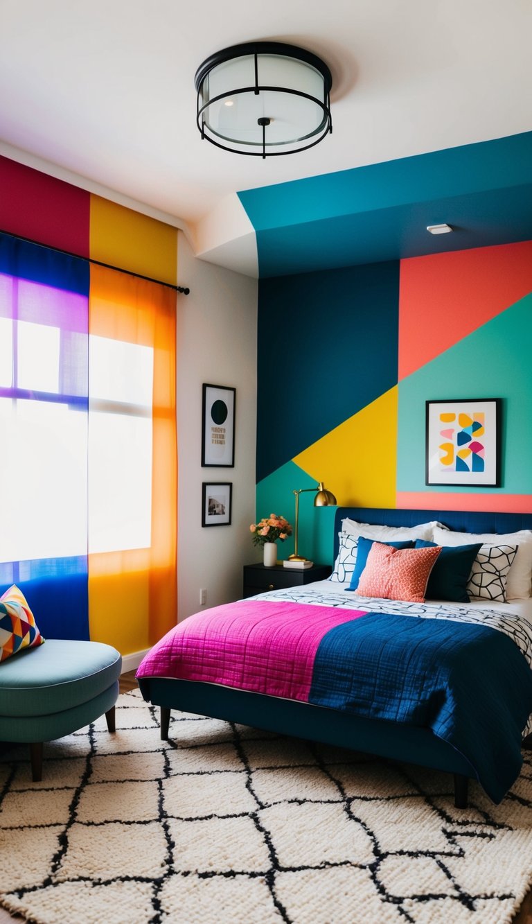 A bedroom with bold accent walls in various colors and patterns, including geometric shapes and vibrant hues