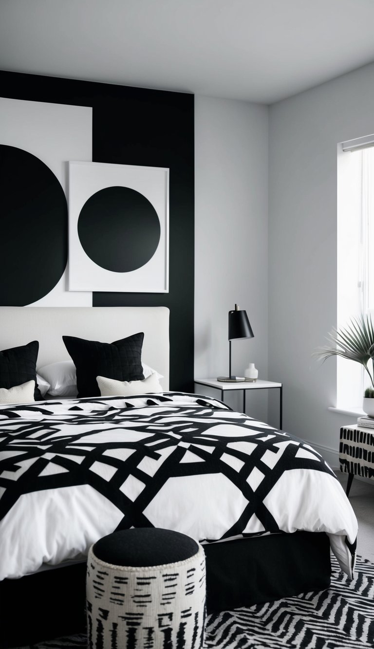 A black and white bedroom with bold abstract art on the walls, minimal furniture, and geometric patterns on the bedding and rug