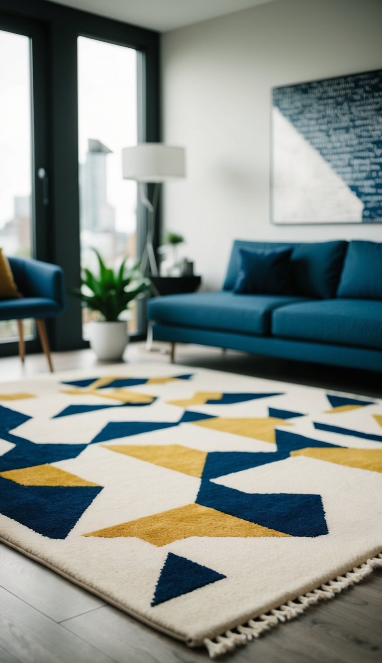 A modern bedroom with a geometric rug as the focal point