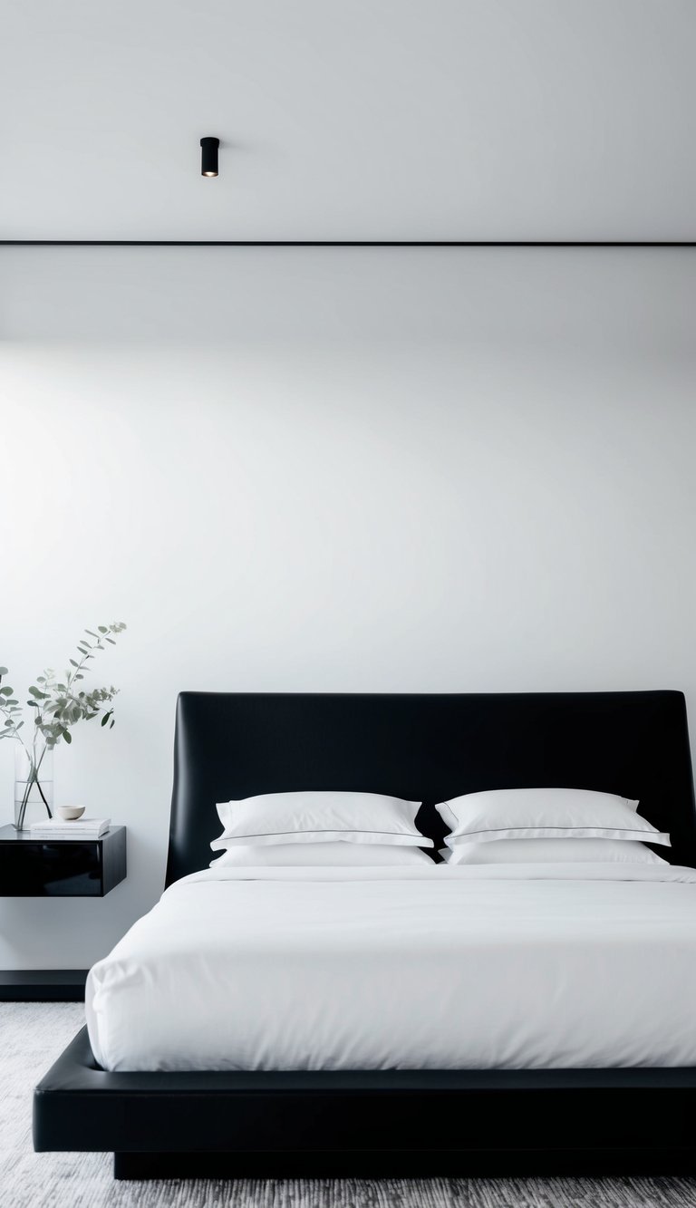 A sleek black bed with crisp white linens stands as the bold focal point in a minimalist black and white bedroom