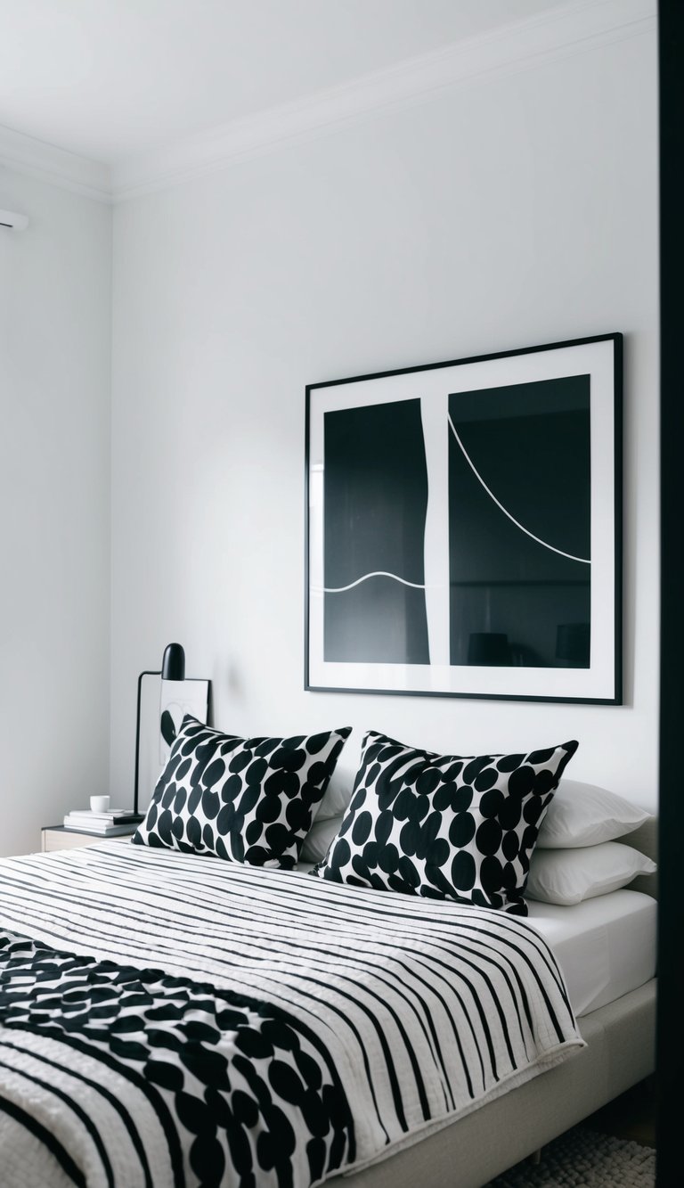 A minimalist bedroom with bold black and white patterns, clean lines, and a focus on negative space