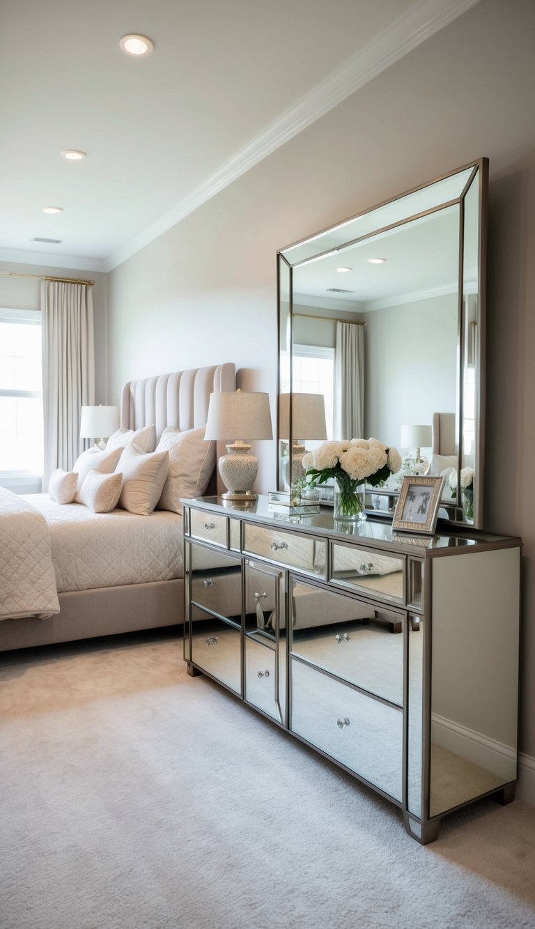 A spacious bedroom with a large mirrored dresser, nightstands, and a vanity. The room is elegantly decorated with soft, neutral tones and plush bedding