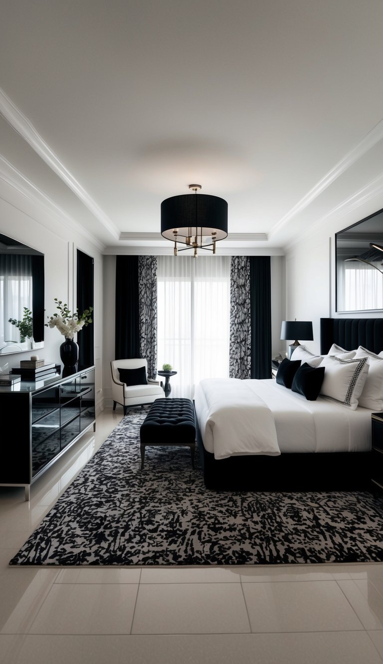 A luxurious master suite with a monochromatic color scheme, featuring elegant black and white decor, a spacious layout, and modern furnishings