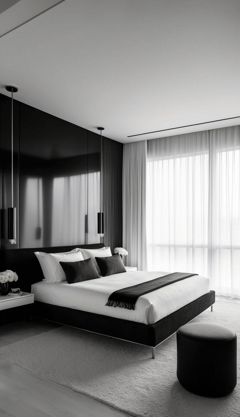 A sleek, modern bedroom with monochrome decor. Clean lines, minimal furniture, and contrasting black and white elements create a chic and sophisticated atmosphere