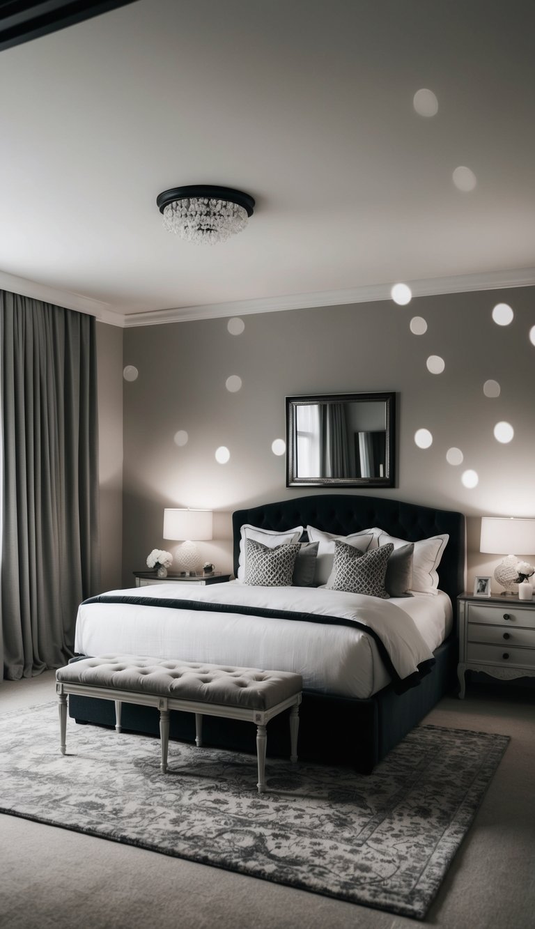 A cozy bedroom with a monochrome color scheme, featuring a plush bed, elegant furniture, and soft lighting