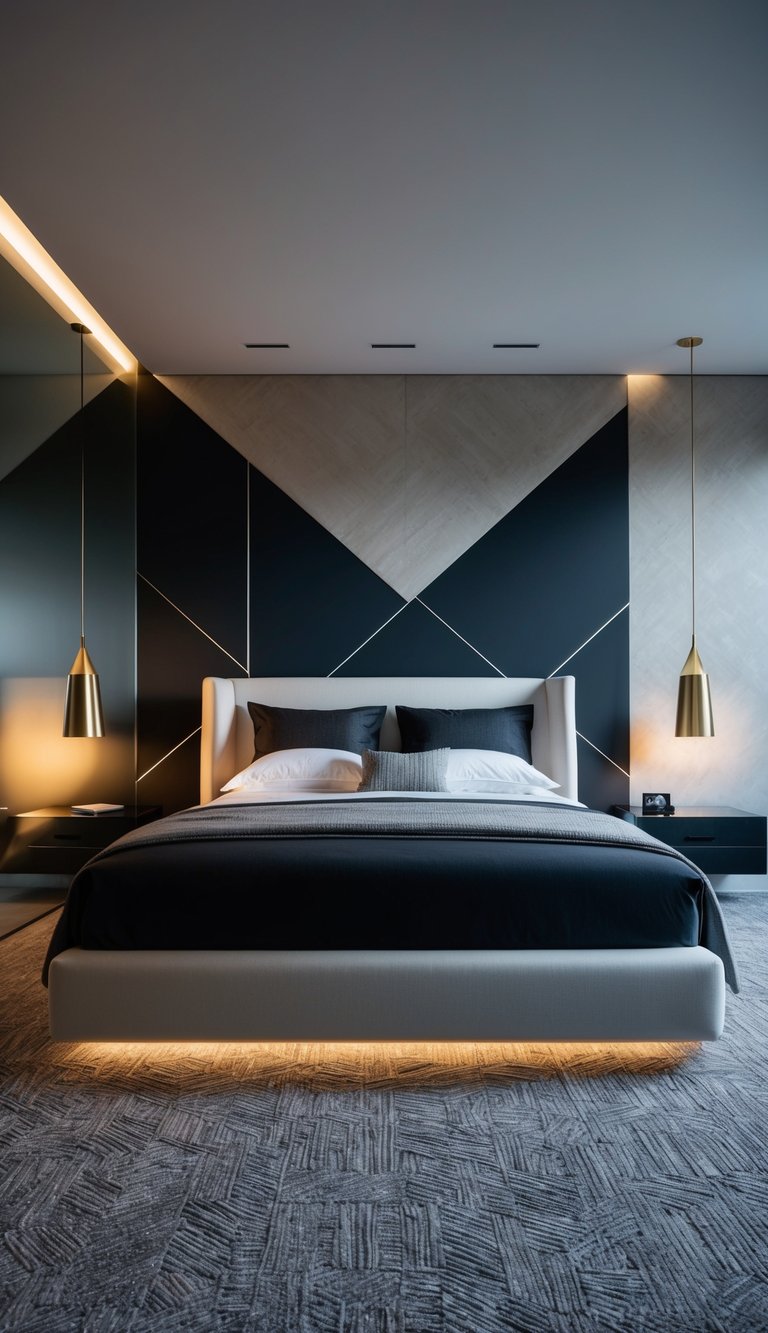 A sleek, modern bedroom with bold geometric patterns, contrasting textures, and dramatic lighting