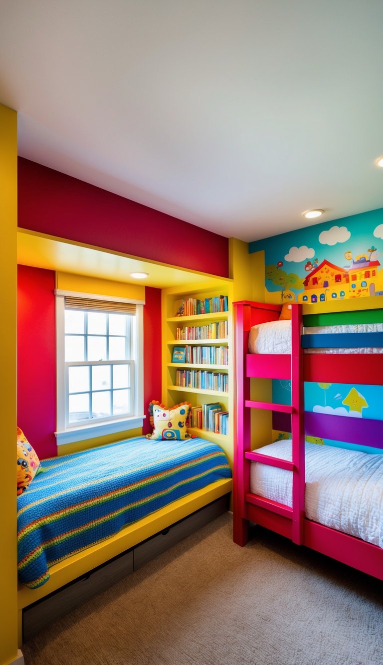 A colorful and playful kids' bedroom with bunk beds, a cozy reading nook, and a whimsical mural on the wall