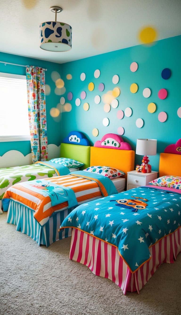 Colorful themed bedding on matching beds in a playful kids bedroom