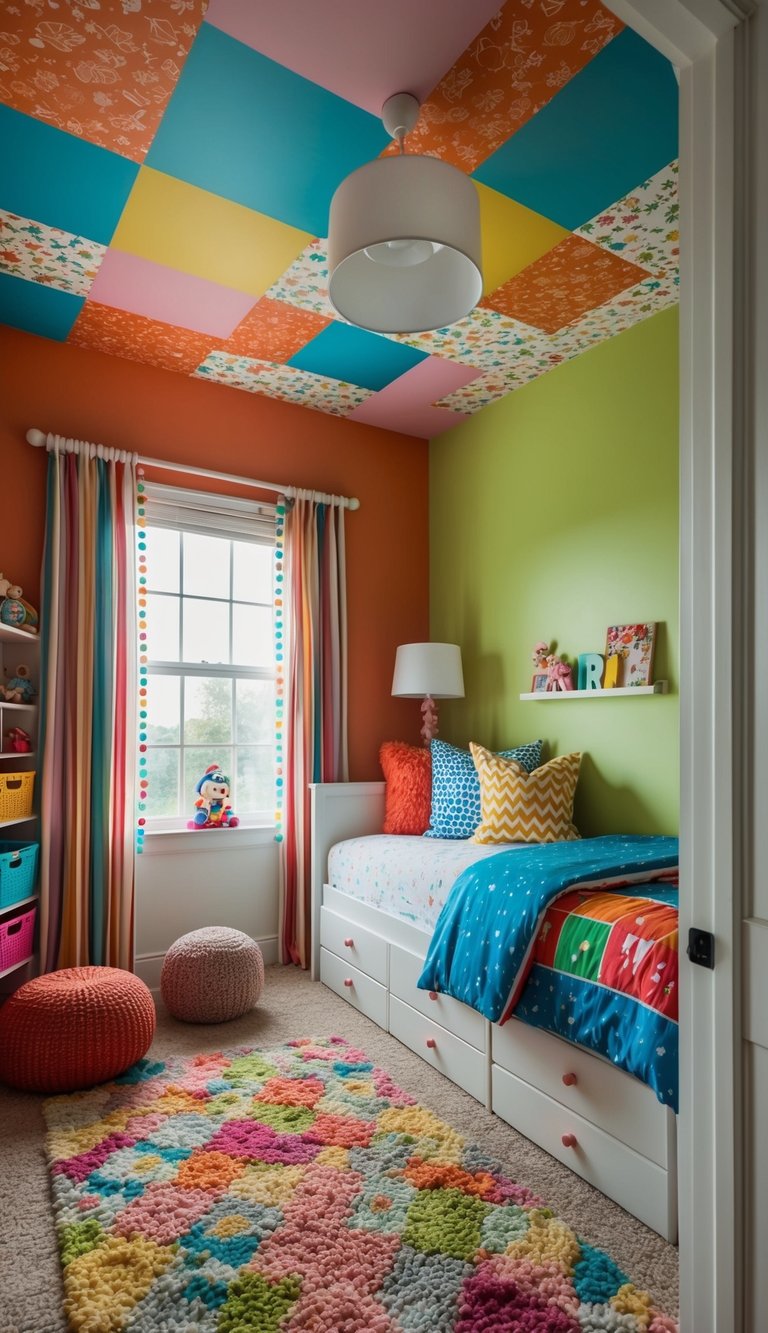 A cozy kids' bedroom with colorful wallpapered ceilings and playful decor