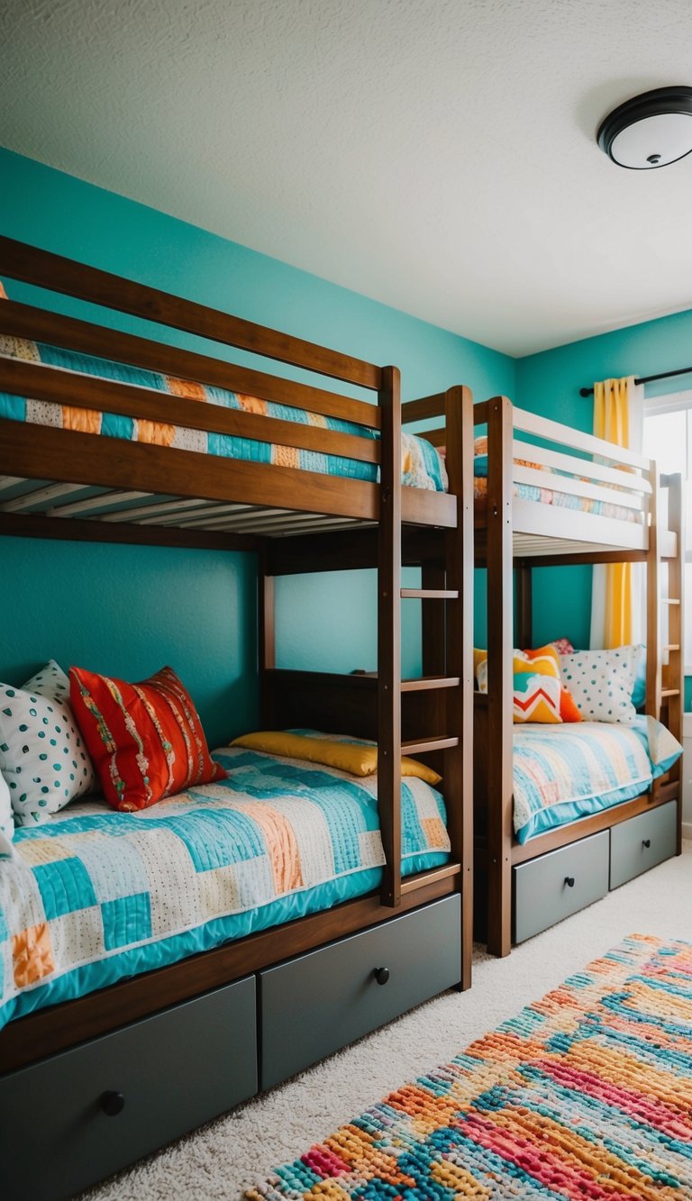 Two sets of cozy bunk beds with colorful bedding and storage drawers underneath in a bright and organized kids' bedroom