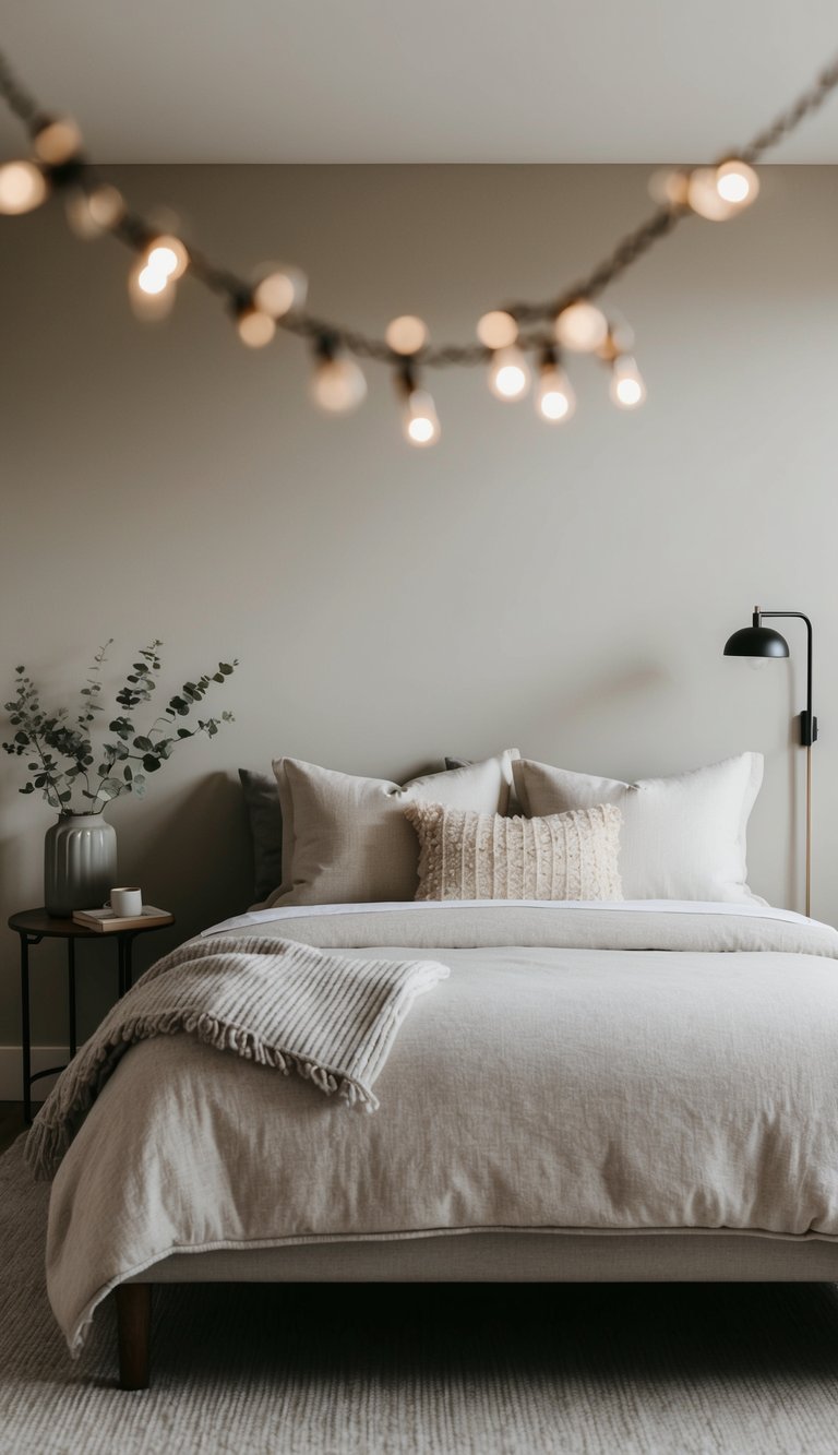 A cozy, neutral-toned bedroom with soft, muted colors and simple, timeless decor