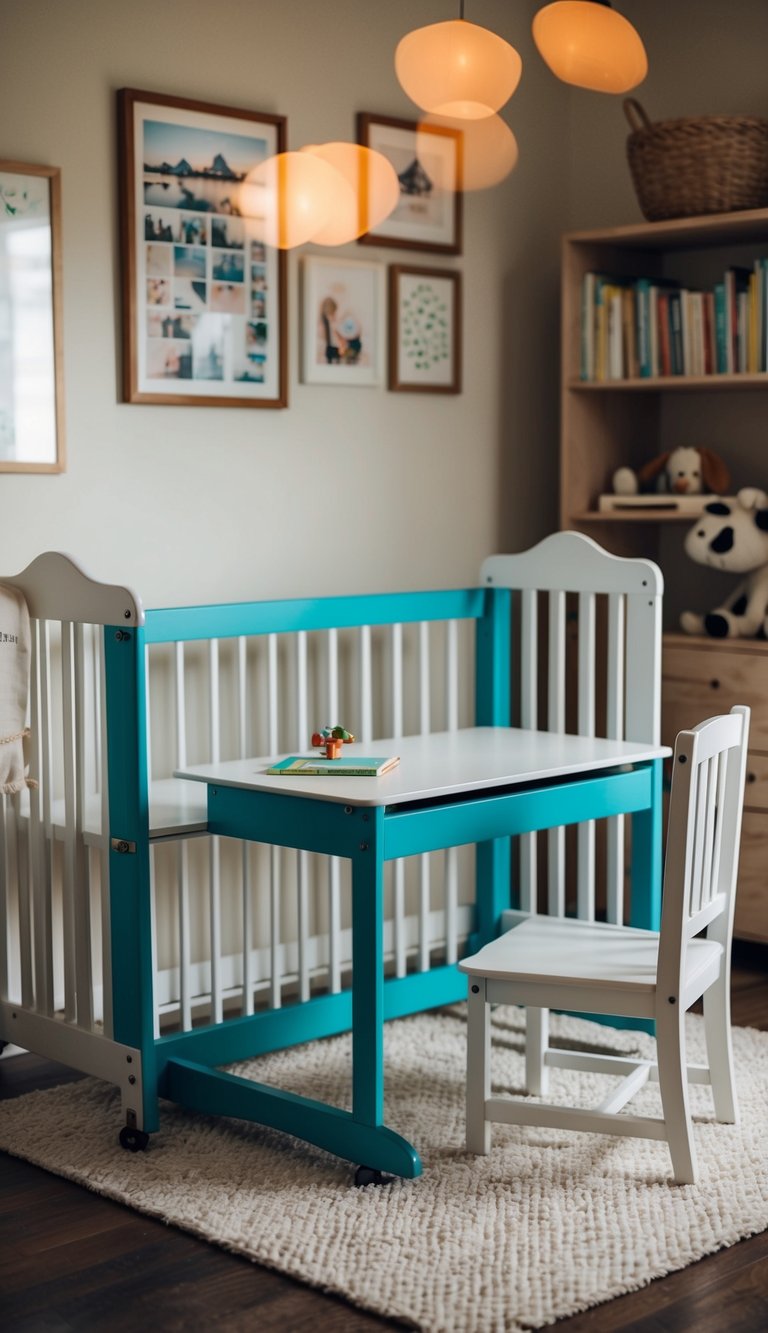 A convertible crib transforms into a desk, showcasing multipurpose furniture in a cozy kids' bedroom