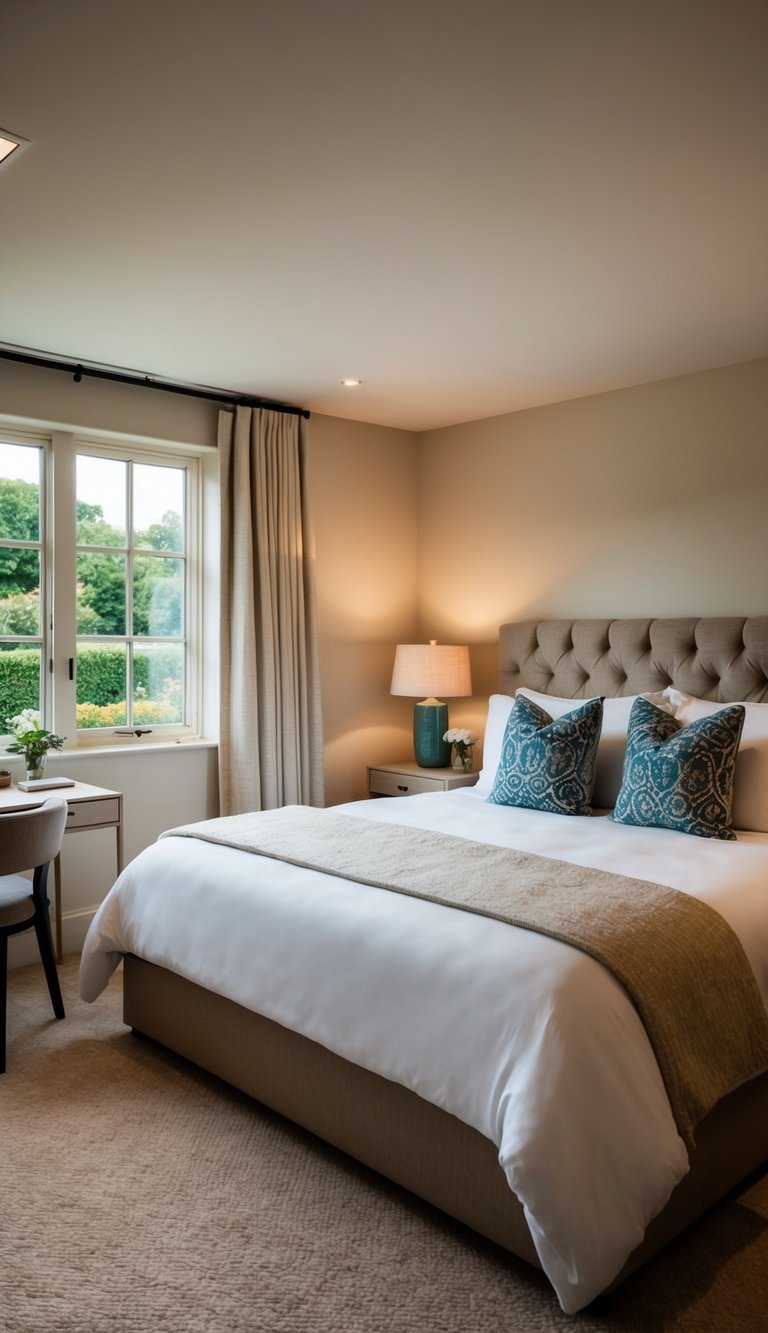 A cozy guest bedroom with a large, plush bed, soft lighting, and decorative throw pillows. A small desk and chair sit in the corner, with a window overlooking a serene garden