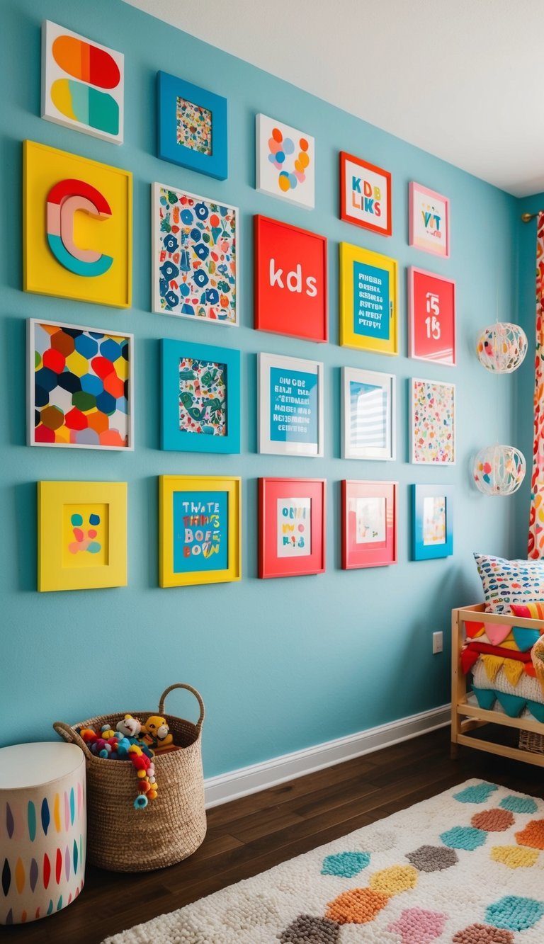 A colorful gallery of 21 timeless wall art pieces adorning a playful kids bedroom