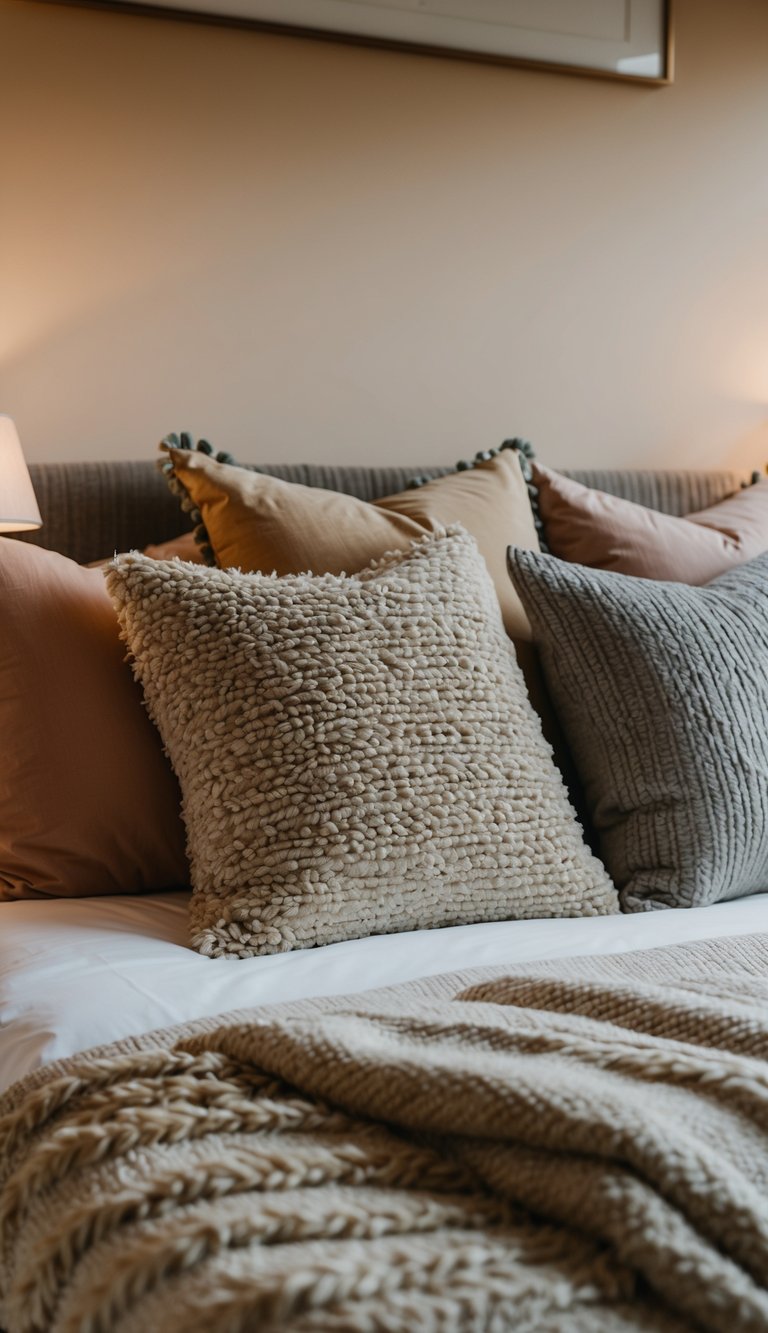 A plush, layered bed with textured blankets and throw pillows, soft lighting, and a warm color scheme in a cozy guest bedroom