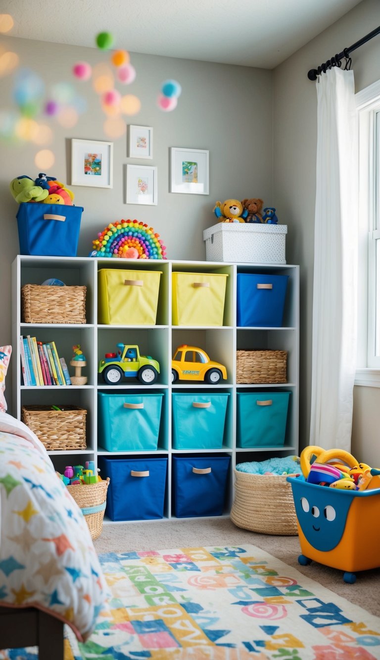 Colorful toy bins and shelves fill a cozy bedroom, with clever storage solutions incorporated into the decor