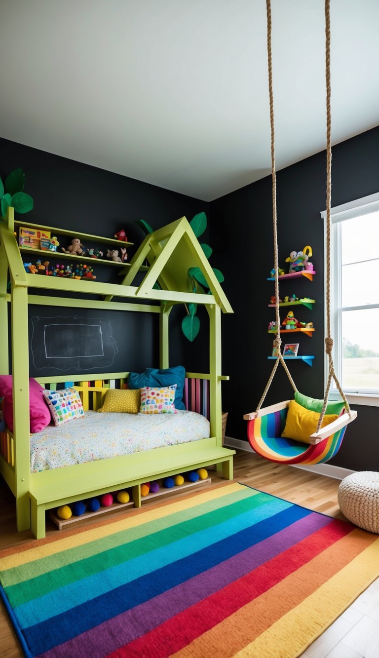 A colorful bedroom with whimsical decor: a treehouse bed, rainbow rug, and hanging swing chair. Toy-filled shelves and a chalkboard wall complete the playful space