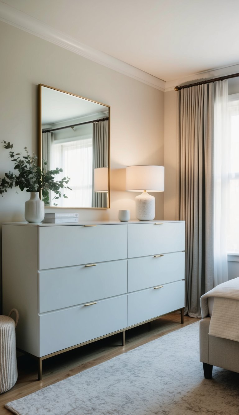 A sleek and modern dresser with clean lines and ample storage, surrounded by elegant decor and soft lighting in a cozy guest bedroom