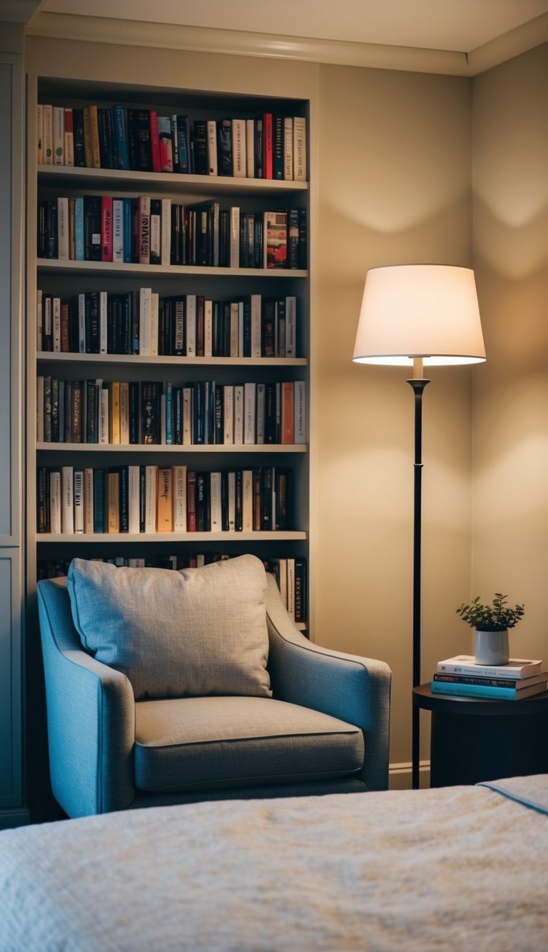 A cozy guest bedroom with a bright reading lamp illuminating a comfortable chair and a small bookshelf filled with books