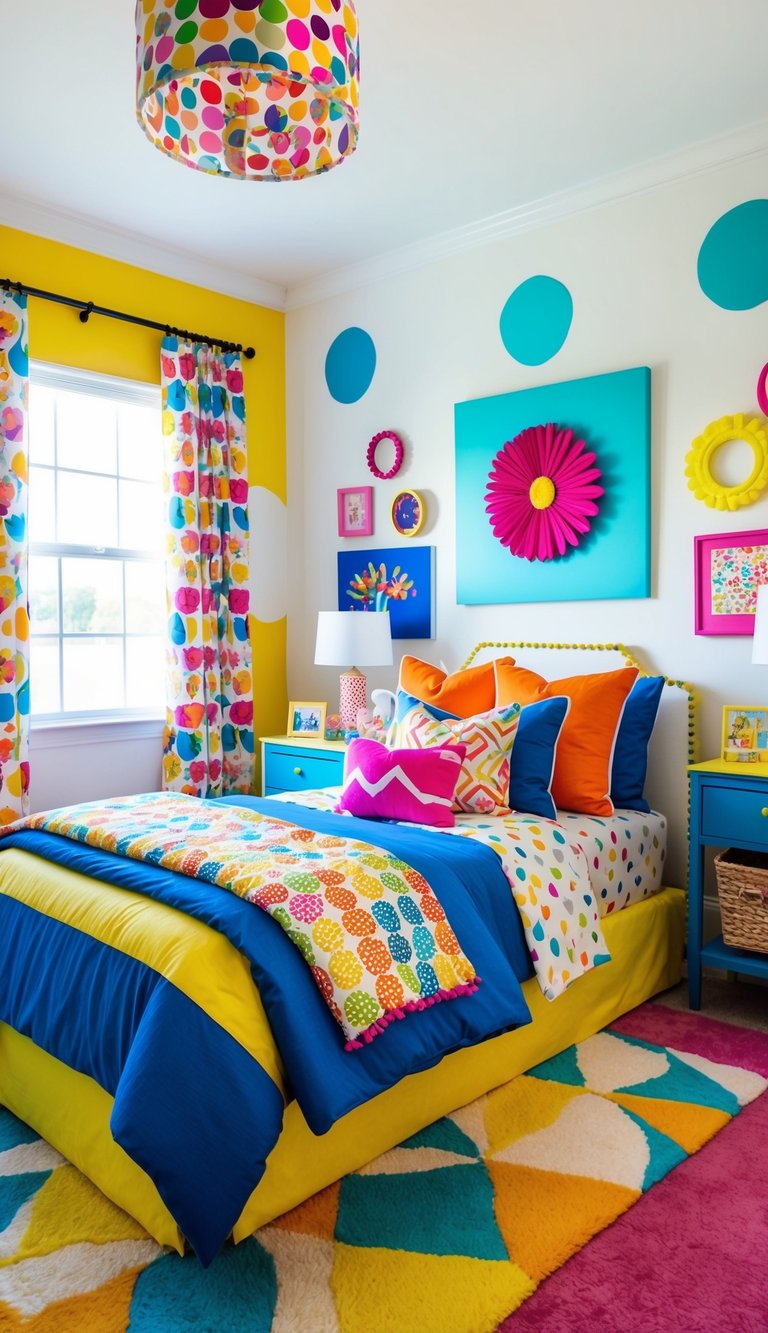 A vibrant kids' bedroom with pops of bold color in bedding, wall art, and accessories. Playful patterns and cheerful decor create a lively and inviting space