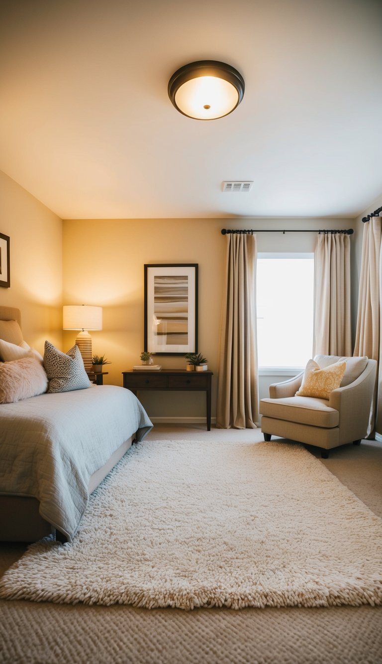 A soft area rug lies in the center of a cozy guest bedroom, surrounded by warm, inviting decor