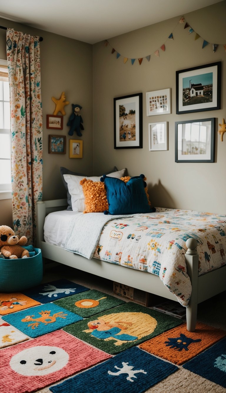 A cozy bedroom with colorful themed rugs scattered across the floor, creating a playful and inviting atmosphere for kids