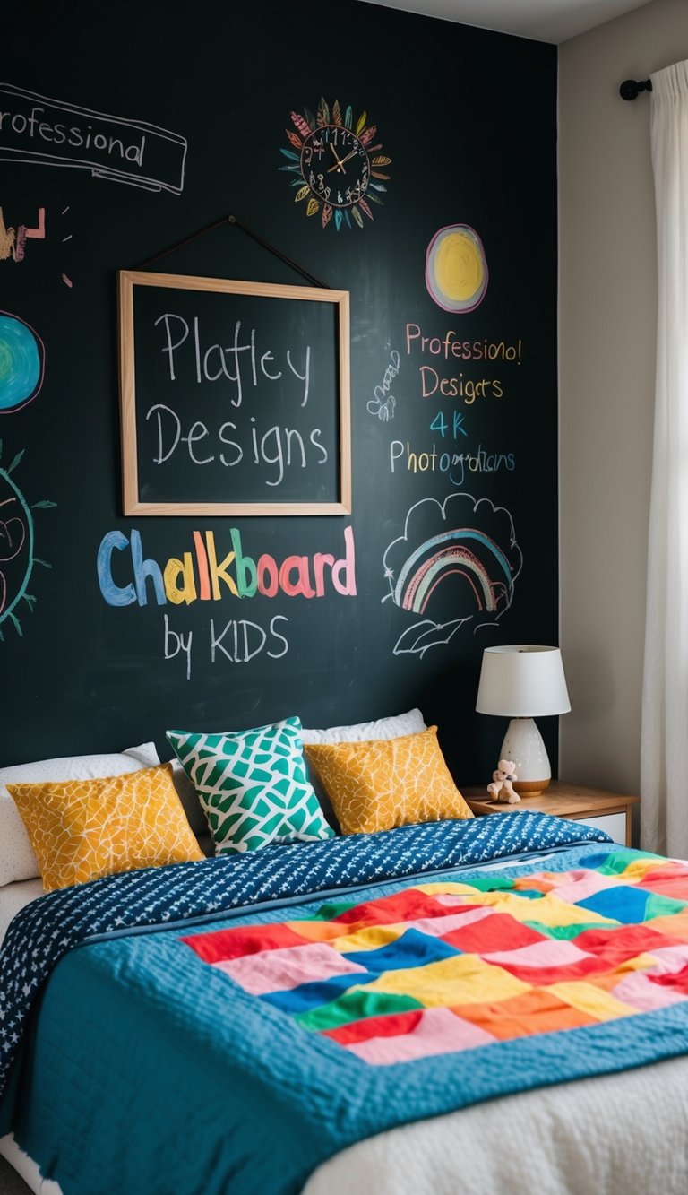 A bedroom with chalkboard walls, colorful drawings, and playful designs created by 21 kids