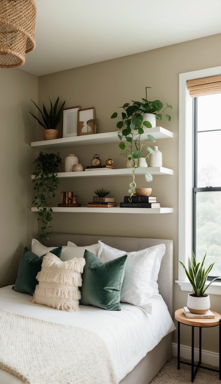 A cozy guest bedroom with neutral walls and floating shelves adorned with decorative items such as plants, books, and small ornaments